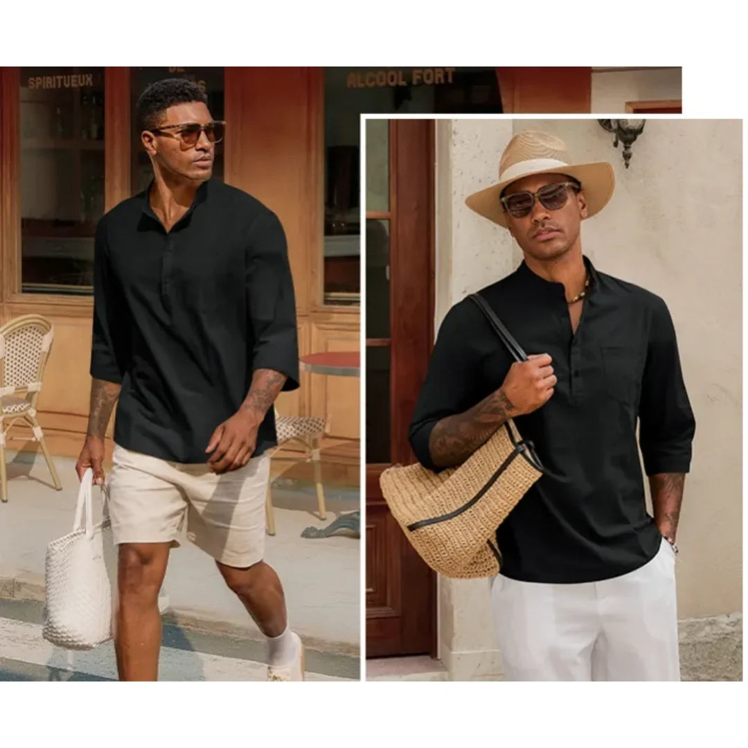 Men’s Lightweight Linen Henley Shirt –  3/4 Sleeve Casual Top with Pocket