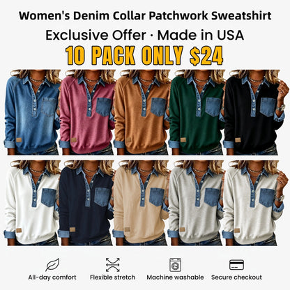 Women's Denim Collar Patchwork Sweatshirt