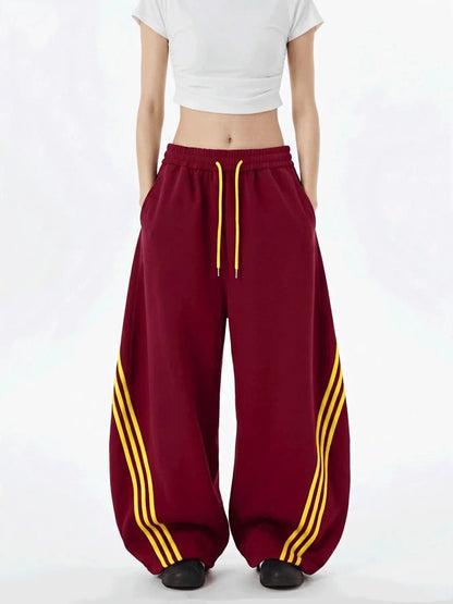 Women's Retro Three Stripes Colorblock Wide Leg Pants Casual Waist Tie Long Pants