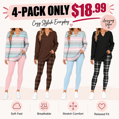 Women's 2-Piece Lounge Set – Long Sleeve Top & Plaid Leggings