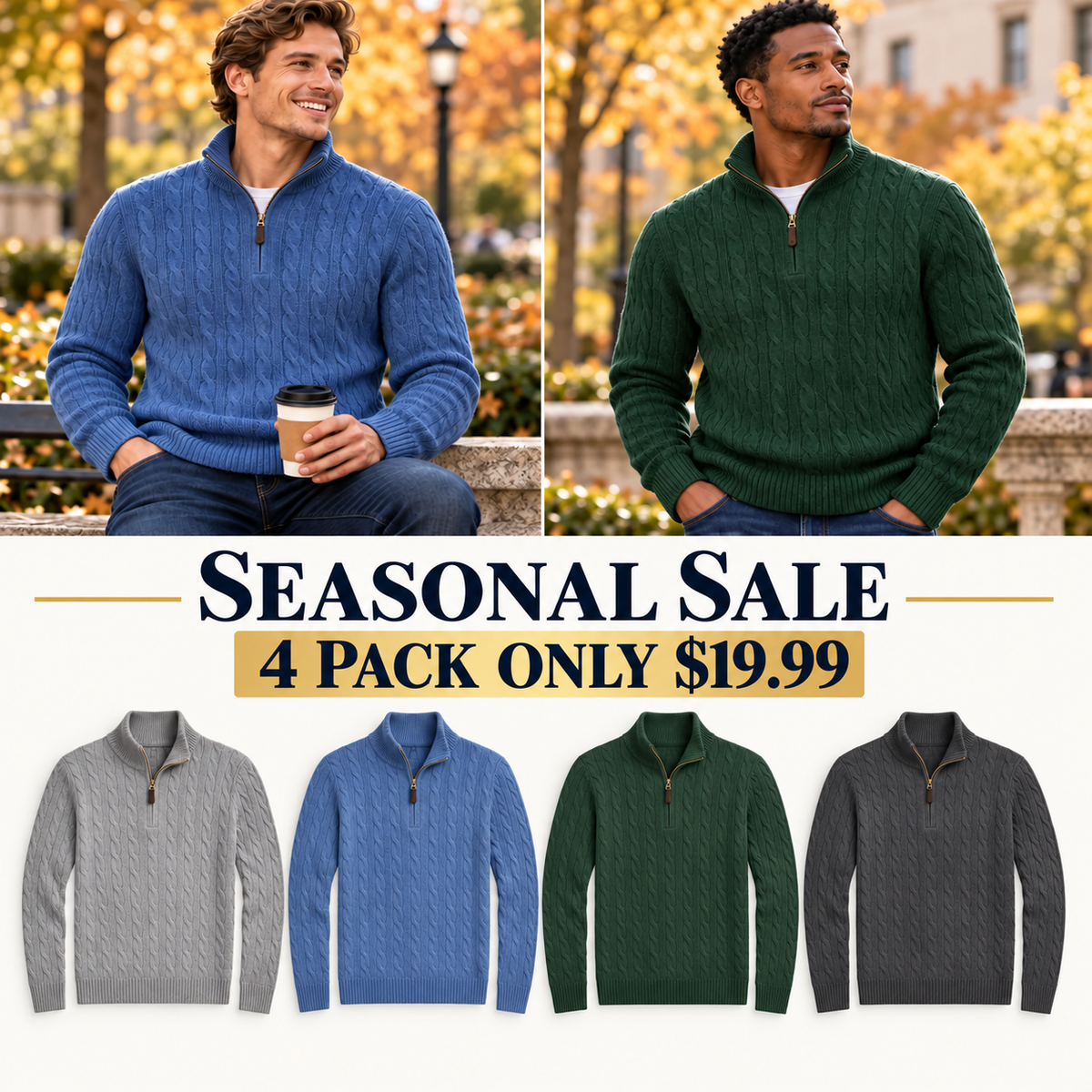 Men’s Cable Knit Quarter Zip Sweater, Classic Long Sleeve Pullover with Ribbed Collar