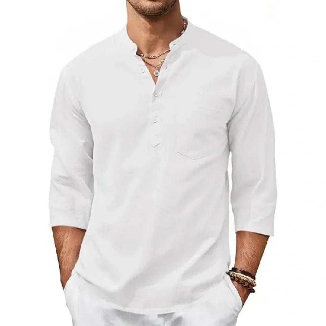 Men’s Lightweight Linen Henley Shirt –  3/4 Sleeve Casual Top with Pocket