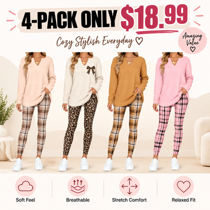 Women's 2-Piece Lounge Set – Long Sleeve Top & Plaid Leggings