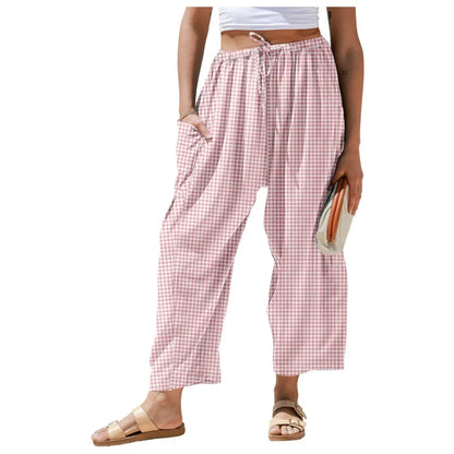 Womens Wide Leg Gingham Striped Plaid Pants