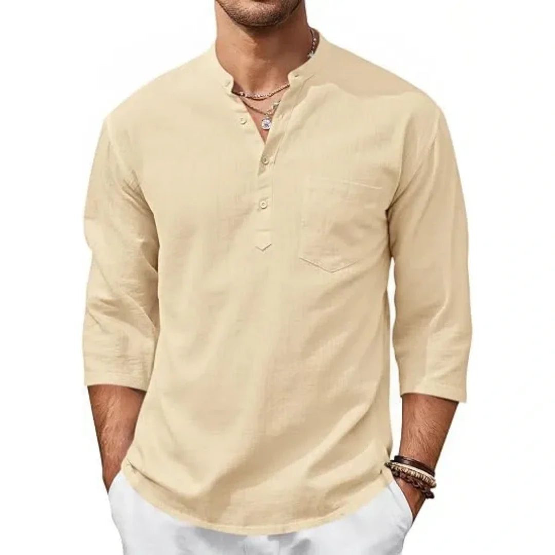 Men’s Lightweight Linen Henley Shirt –  3/4 Sleeve Casual Top with Pocket