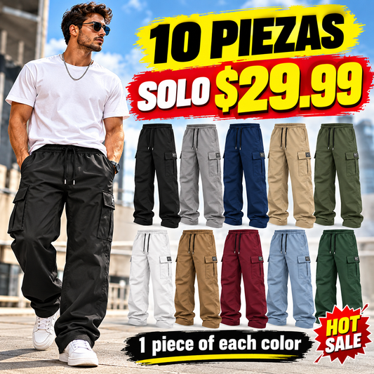 Men's cargo pants, solid-color casual loose-fit cargo trousers.