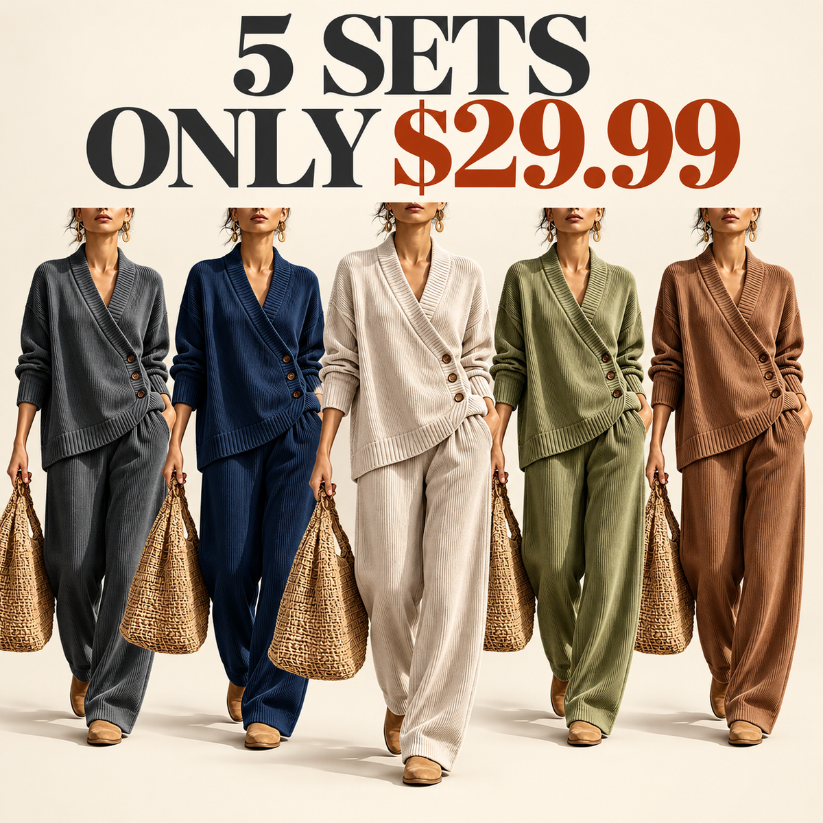 ✨ Women's Ribbed Knit Two-Piece Lounge Set with Asymmetric Buttons 🤎