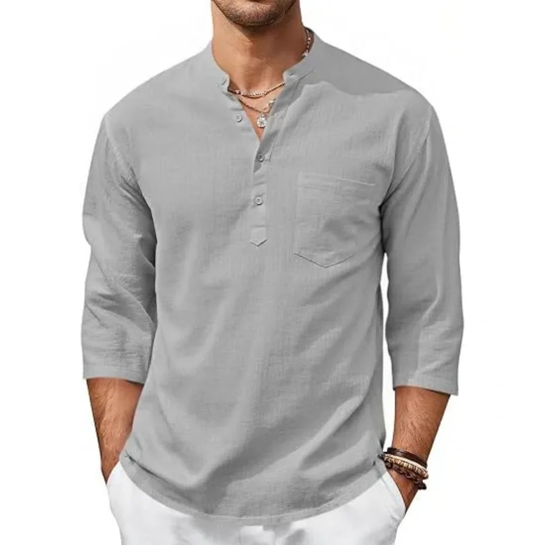 Men’s Lightweight Linen Henley Shirt –  3/4 Sleeve Casual Top with Pocket