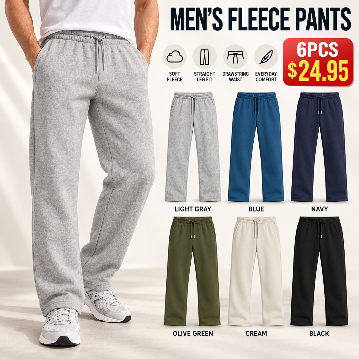 🔥 BESTSELLER | 6PCS $24.95 | Men's Straight-Leg Fleece Pants