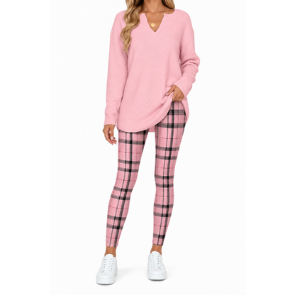 Women's 2-Piece Lounge Set – Long Sleeve Top & Plaid Leggings