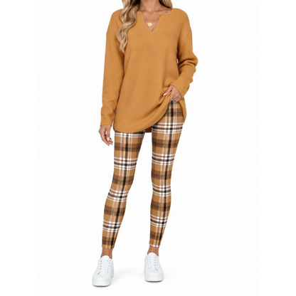 Women's 2-Piece Lounge Set – Long Sleeve Top & Plaid Leggings