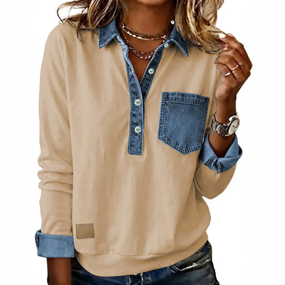 Women's Denim Collar Patchwork Sweatshirt