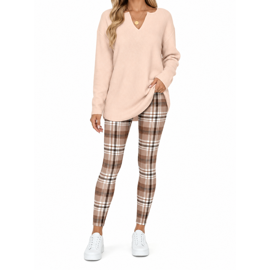 Women's 2-Piece Lounge Set – Long Sleeve Top & Plaid Leggings