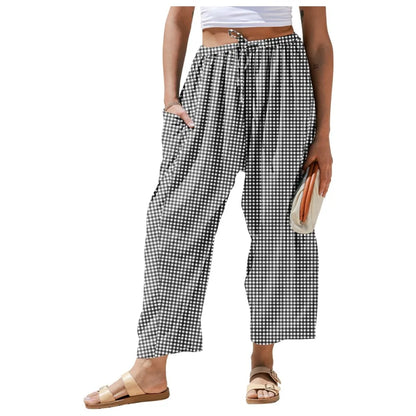 Womens Wide Leg Gingham Striped Plaid Pants