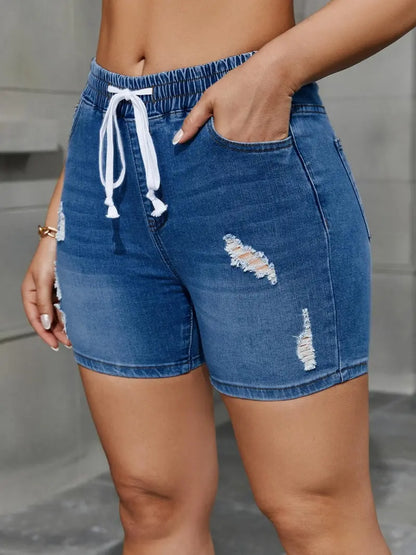 ⭐  Women's High Waisted Drawstring Ripped Denim Shorts with Pockets