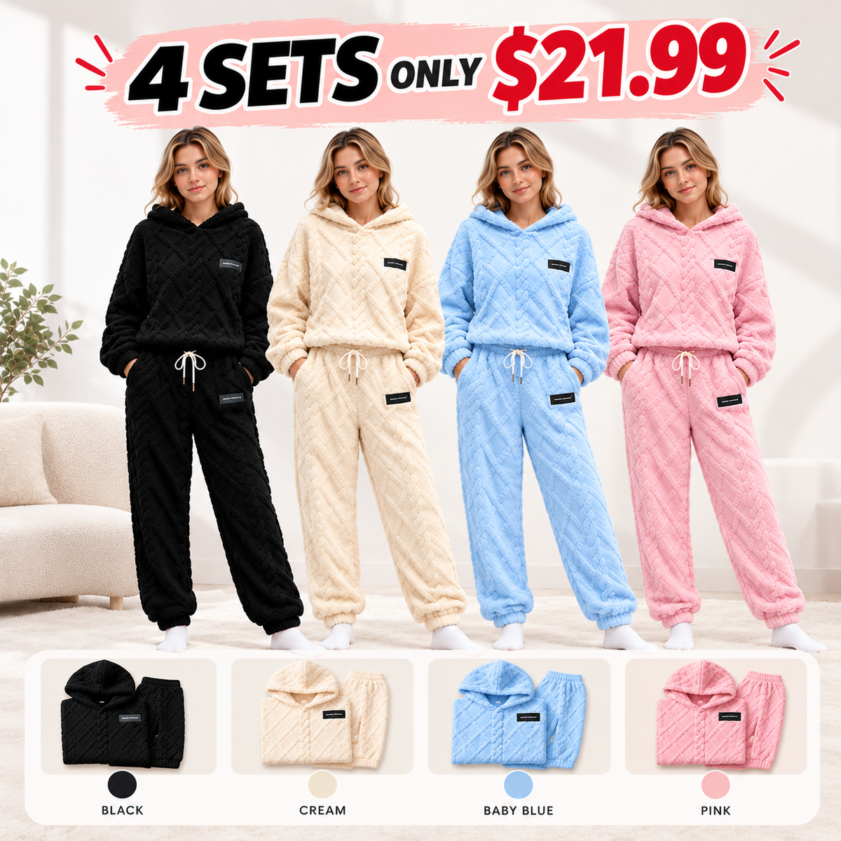 Textured Fleece-Look Hoodie And Pants Set