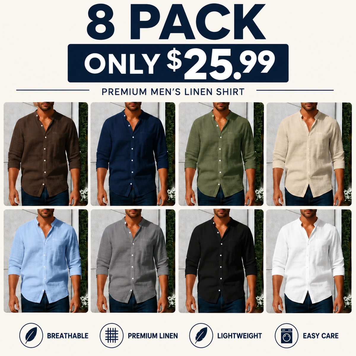 Men's Linen Long Sleeve Stand Collar Shirt