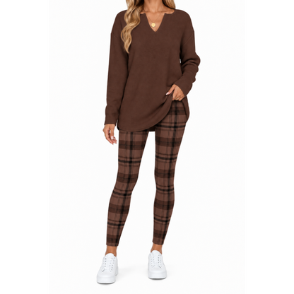 Women's 2-Piece Lounge Set – Long Sleeve Top & Plaid Leggings
