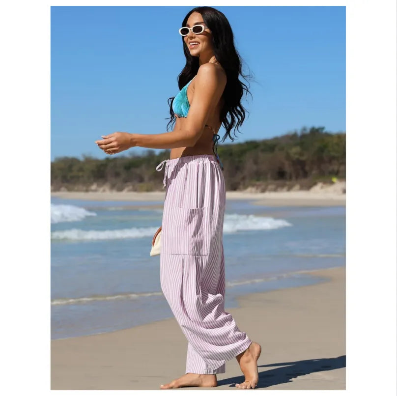 Womens Wide Leg Gingham Striped Plaid Pants