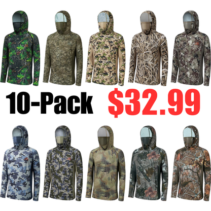 🎯 UPF 50+ Men’s Camo Hoodie – Hunting & Fishing Shirt with Built-in Mask