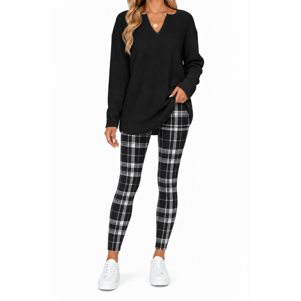 Women's 2-Piece Lounge Set – Long Sleeve Top & Plaid Leggings