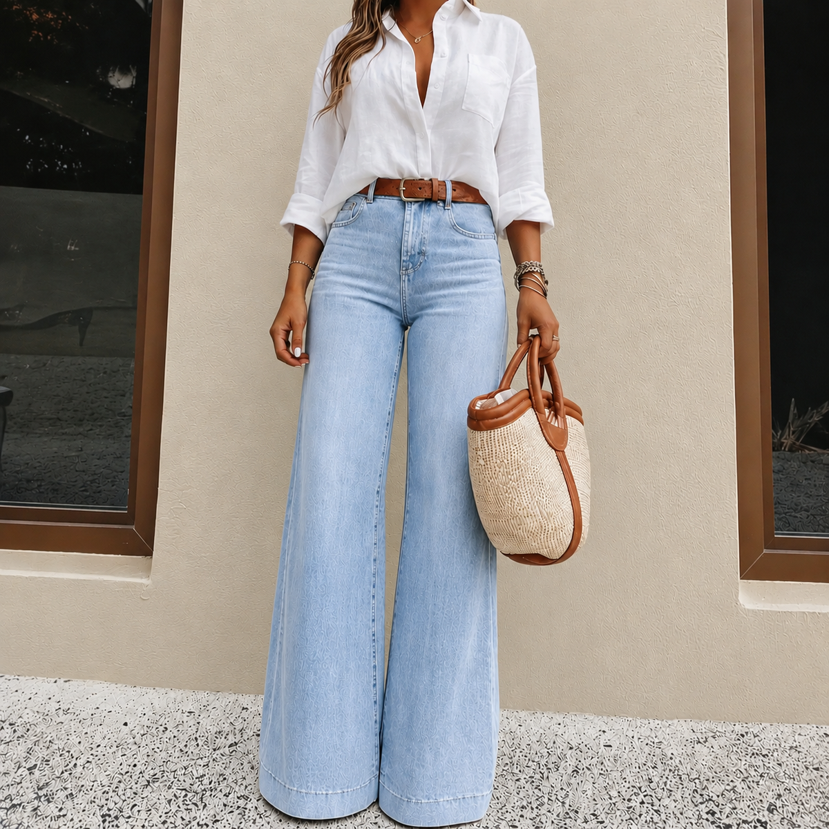 Women’s High-Waisted Wide Leg Jeans – Vintage Wash Stretch Denim Pants