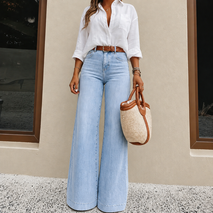 Women’s High-Waisted Wide Leg Jeans – Vintage Wash Stretch Denim Pants