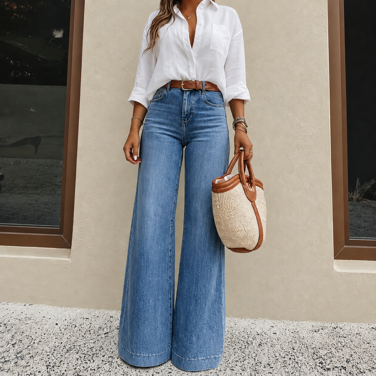 Women’s High-Waisted Wide Leg Jeans – Vintage Wash Stretch Denim Pants