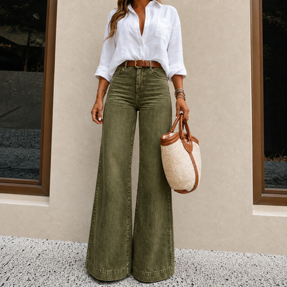 Women’s High-Waisted Wide Leg Jeans – Vintage Wash Stretch Denim Pants
