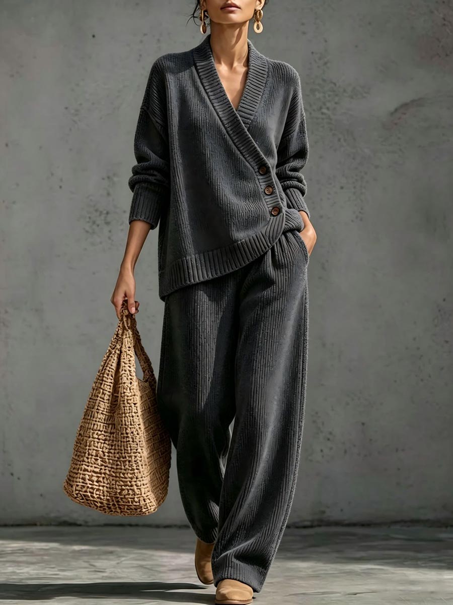 ✨ Women's Ribbed Knit Two-Piece Lounge Set with Asymmetric Buttons 🤎