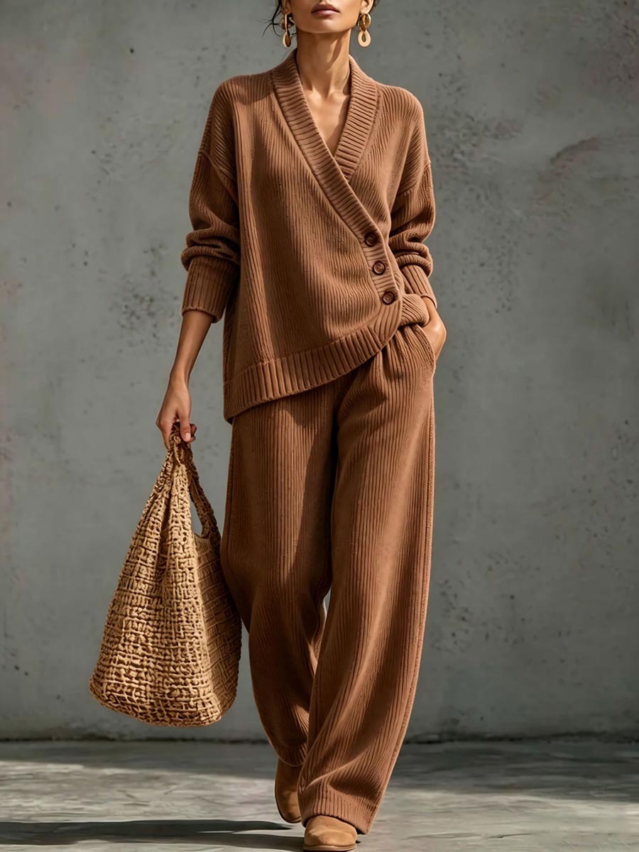 ✨ Women's Ribbed Knit Two-Piece Lounge Set with Asymmetric Buttons 🤎