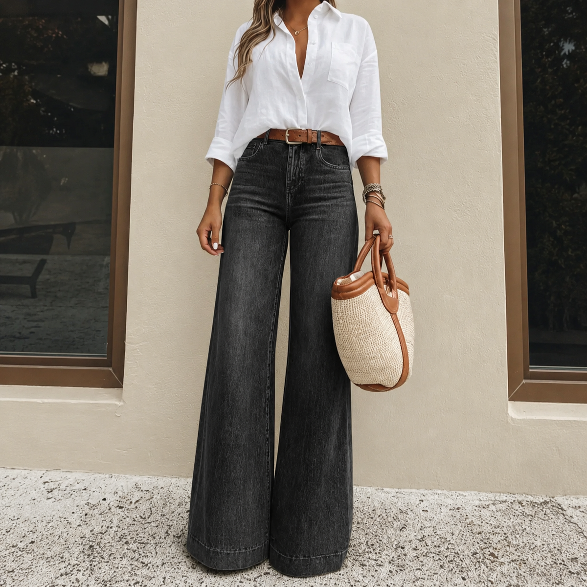 Women’s High-Waisted Wide Leg Jeans – Vintage Wash Stretch Denim Pants